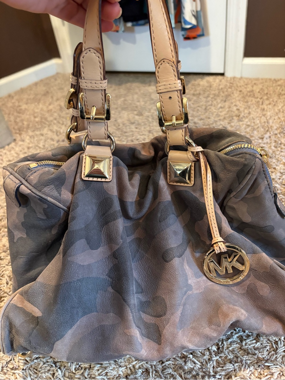 Michael Kors Taupe & Beige Camo Leather Bag